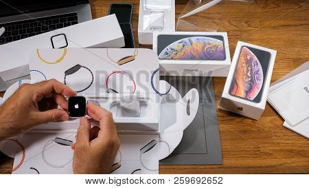Paris, France - September 21, 2018: Apple Fan Boy Unboxing Latest New Apple Watch Series 4 Gps Lte S