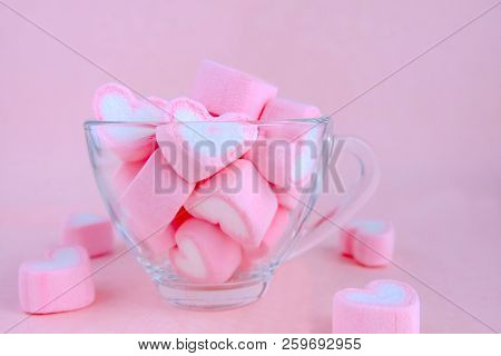 Transparent Coffee Cup Filled With Marshmallow. Cute Pastel Background, Valentine Background