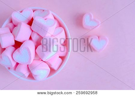 Pink Marshmallow Background, Heart Marshmallow In White Cup, Valentine Background