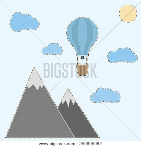 Children's Illustration For Creativity. A Balloon In The Clouds Against The Background Of The Mounta