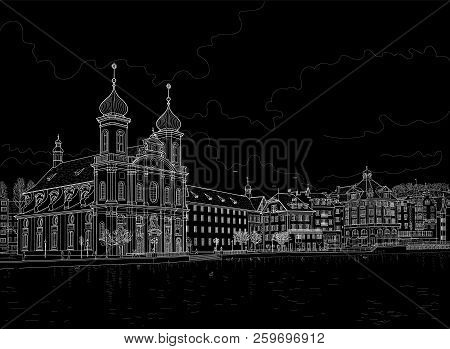 Drawing Of The Waterfront Of Lake Lucerne. Lucerne, Switzerland