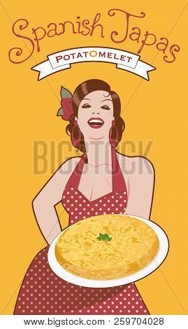 Beautiful Spanish Cook With Potato Omelette. She Wears A Polka-dot Dress Or Apron And A Flower In He