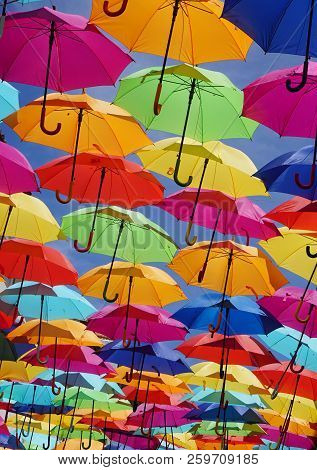 Colorful Hanging Umbrellas In The Center Of Agueda, Portugal.