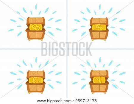 Set Different Treasure Dower Chest Full Of Euro Dollar Yuan Bitcoin Coins Collection Money Growth We