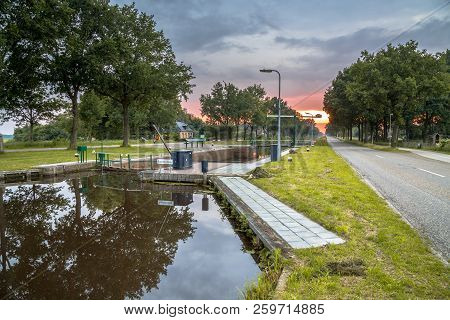 Appelscha, Netherlands - June 16, 2016: Old Working Sluice Or Lock Chamber In The Opsterlandsche Com