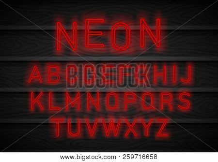 Neon Font On Brick Wall Background. Light Neon Font Alphabet Vector. Bright Blue Red Lamp Electric I