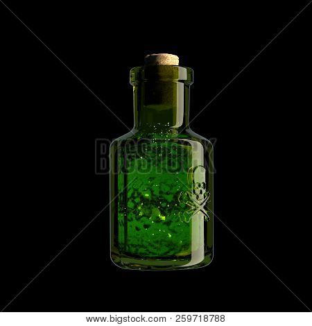 A Glass Vial With A Skull And Bones And A Green Substance Inside. Poison, Venom. Poisoning, Politica