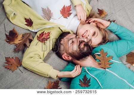 Romantic Couple In Love. Autumn Leaves Festival. Copy Space For Text. Clothing And Color Trends. Bla