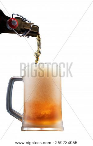 Pouring Beer Into A Glass From The Bottle, Fresh Foaming Beer, Isolated
