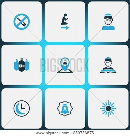 Ramadan Icons Colored Set With Mullah, Clock, Human And Other Arabian Elements. Isolated Vector Illu