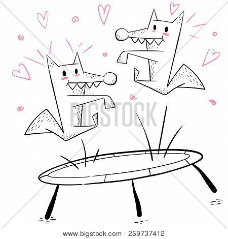 Funny Wolf Jump On The Trampoline. Vector Eps 10