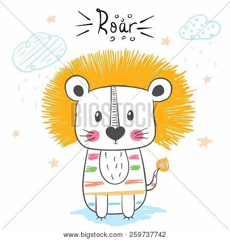Lion, Roar Illustration. Cartoon Hand Draw Monster Character For Print T-shirt. Vector Eps 10
