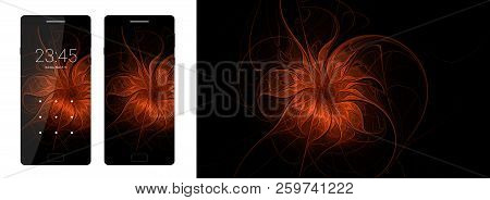 Smartphone Interface And Abstract Orange Fractal Flower Background On A Black Background