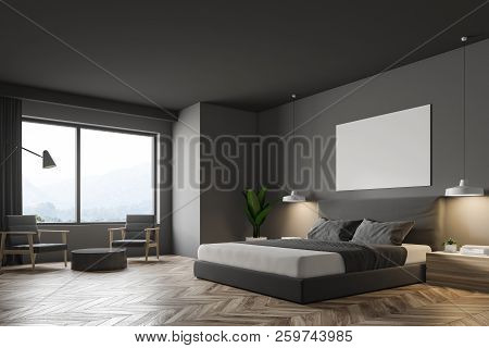 Gray Minimalistic Bedroom With Wooden Floor, Masterbed, Night Stand And Round Coffee Table With Gray