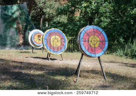 Archery Targets At Various Distances On A Range - Focus Only On The Closest Target