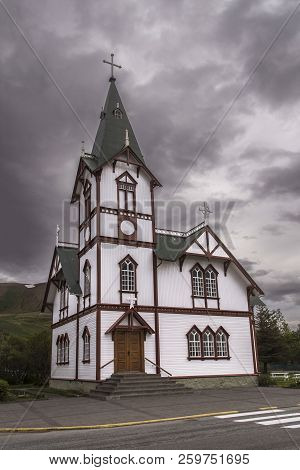 The Husavik Church Or Husavikurkirkja In Northern Iceland.