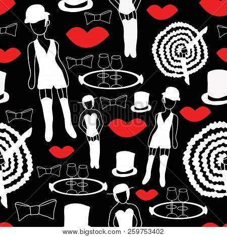 Cabaret Showgirls White Elemtns On Black Seamless Pattern