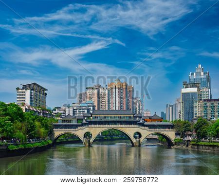 Famous landmark of Chengdue - Anshun bridge over Jin River, Chengdue, Sichuan , China
