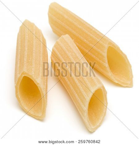 Italian pasta isolated on white background. Pennoni. Penne rigate.