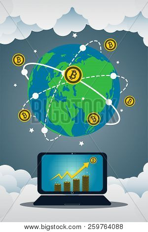 Business Laptop Concept Symbol On-screen. Bitcoin Gold Icon For Rowth Chart On Coin Spin Around The 