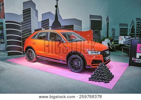 Krasnoyarsk, Russia - September 22, 2018: Exhibition Motor Expo Show Car Audi Q3. Right Front View.