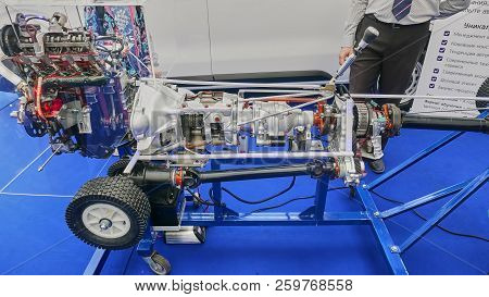Krasnoyarsk, Russia - September 22, 2018: Exhibition Motor Expo Show  Working Model Of The Device Of