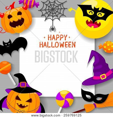 Set Of Cute Cartoon Pumpkin Character Design With White Paper Space. Happy Halloween Day Concept Wit