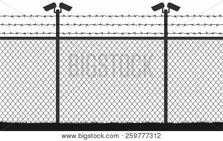 Fence Wire Mesh Barbed Wire, Vector Silhouette. Street Camera On The Pillar. No Passage, No Thorough