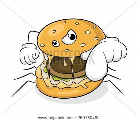 Fast Food Bad Eating Concept Spider Hamburger. Vector Illustration.