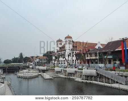 Jakarta, Indonesia - August 7, 2018: Vintage Dutch Colonial Buildings Beside Krukut River On Kali Be