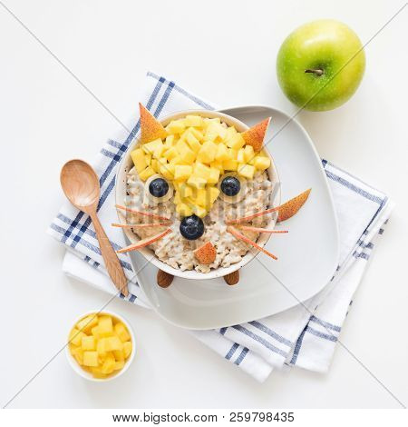 Healthy Breakfast Oatmeal Porridge For Kids. Funny Creative Food Art For Kids. Cute Fox Made With Fr