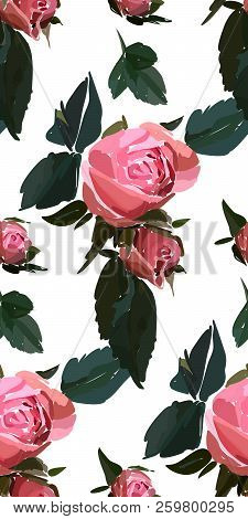 Floral Seamless Background Pattern. Watercolor Pink Garden Roses In Hand Drawn Style. Elegant Vector