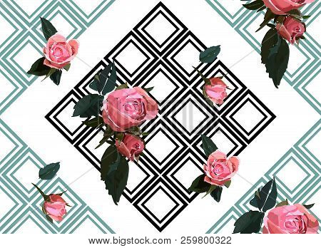 Floral Seamless Background Pattern With Gride. Watercolor Pink Garden Roses In Hand Drawn Style. Ele