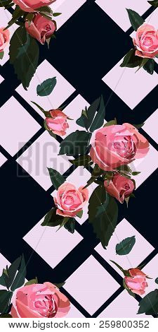 Floral Seamless Background Pattern With Gride. Watercolor Pink Garden Roses In Hand Drawn Style. Ele