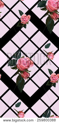Floral Seamless Background Pattern With Gride. Watercolor Pink Garden Roses In Hand Drawn Style. Ele