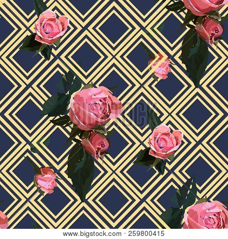 Floral Seamless Background Pattern With Gride. Watercolor Pink Garden Roses In Hand Drawn Style. Ele