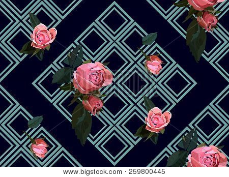 Floral Seamless Background Pattern With Gride. Watercolor Pink Garden Roses In Hand Drawn Style. Ele