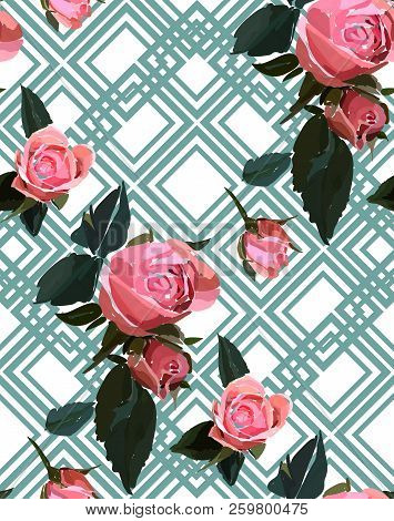 Floral Seamless Background Pattern With Gride. Watercolor Pink Garden Roses In Hand Drawn Style. Ele