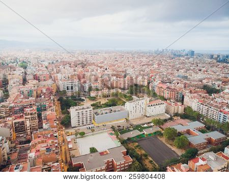 Aerial View Sants-montjuic Residential District From Helicopter. Barcelona