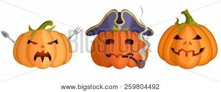 Three Bright Halloween Pumpkin Masks Flat. Stock Image Picture