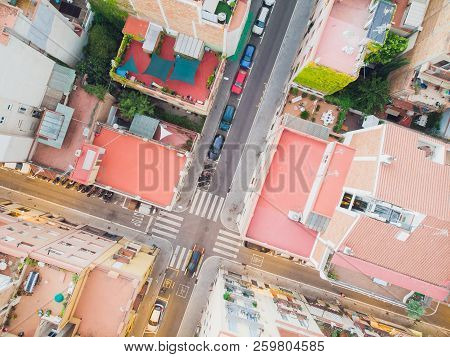 Aerial View Sants-montjuic Residential District From Helicopter. Barcelona