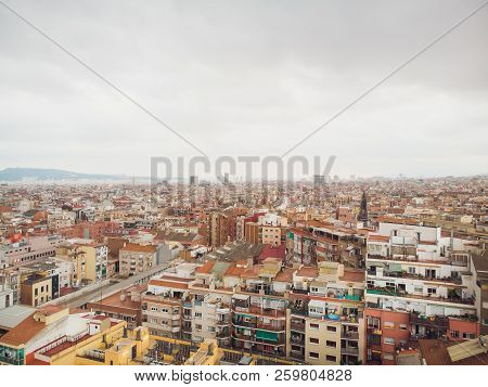 Aerial View Sants-montjuic Residential District From Helicopter. Barcelona
