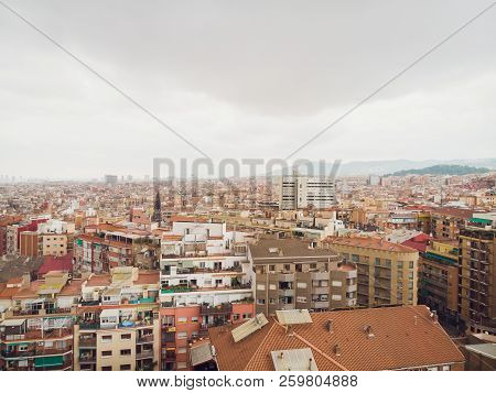 Aerial View Sants-montjuic Residential District From Helicopter. Barcelona