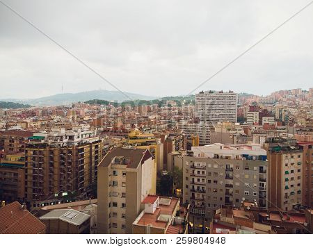 Aerial View Sants-montjuic Residential District From Helicopter. Barcelona