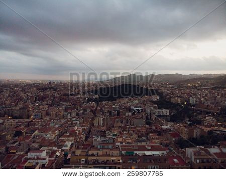 Aerial View Sants-montjuic Residential District From Helicopter. Barcelona