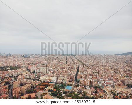 Aerial View Sants-montjuic Residential District From Helicopter. Barcelona