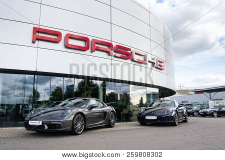 Prague, Czech Republic - September 22 2018: Cars In Front Of Porsche Automotive Company Dealership B