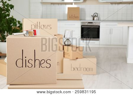 Moving Boxes And Adhesive Tape Dispenser In Kitchen. Space For Text