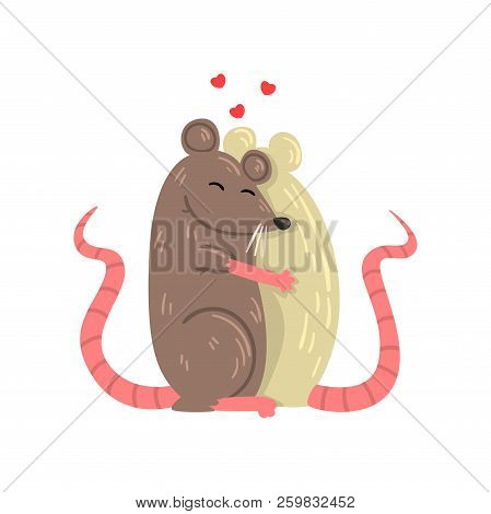 Couple Of Mice In Love Embracing Each Other, Two Happy Aniimals Hugging Vector Illustration On A Whi