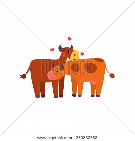 Couple Of Cows In Love Embracing Each Other, Two Happy Domestic Aniimals Hugging Vector Illustration